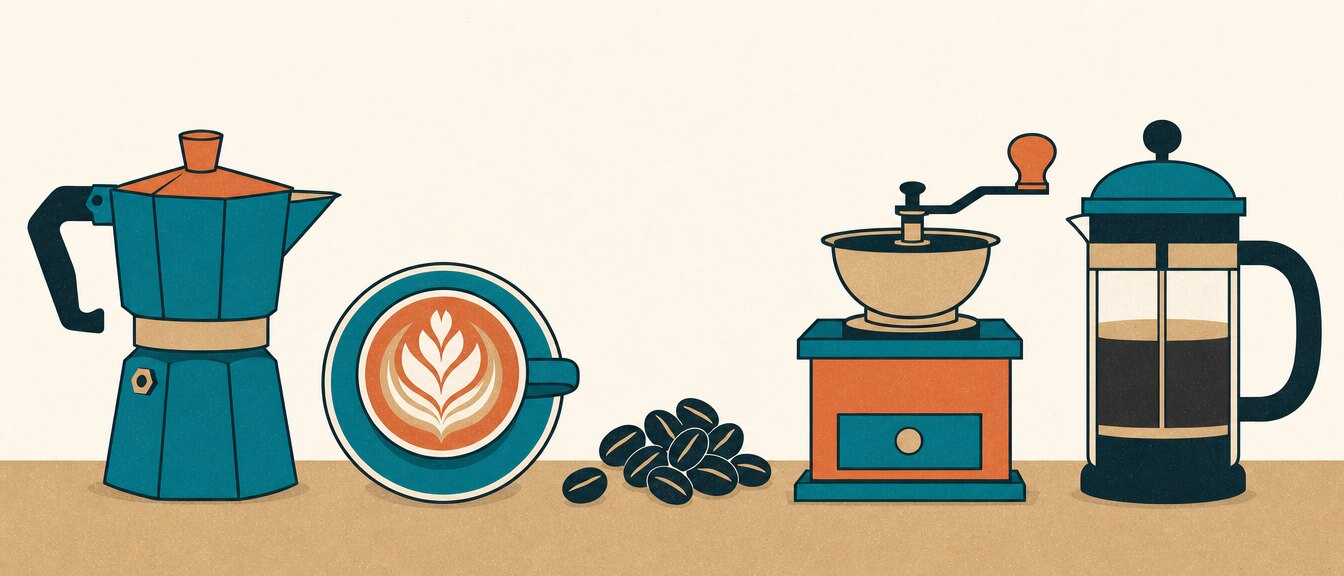 Ilustración de una greca, una taza con arte latte, granos de café, un molino y una prensa francesa