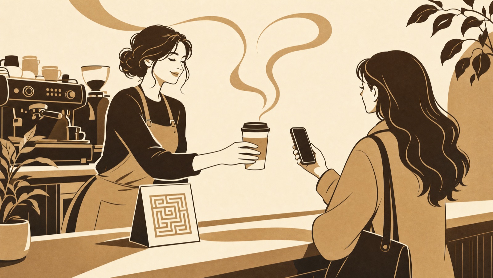 Ilustración de una barista entregando un café mientras el cliente sella con su teléfono