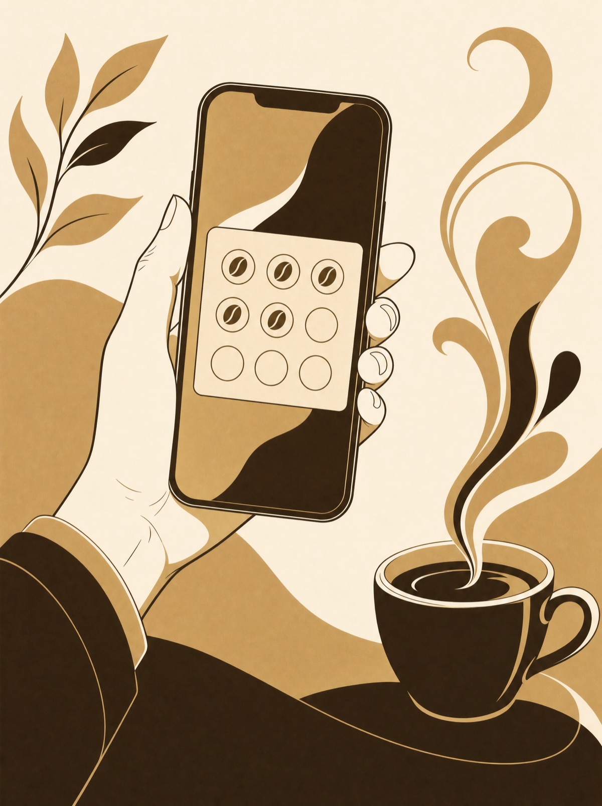 Ilustración de una mano sosteniendo un teléfono con la tarjeta de sellos de My Coffee app