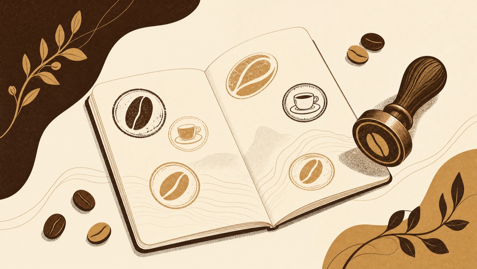 Ilustración de un pasaporte cafetero abierto con sellos en forma de granos y tazas